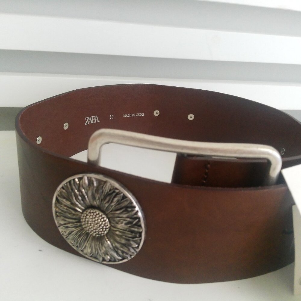 NWT ZARA WIDE LEATHER BELT WITH FLOWER BROWN 1736/059 - Picture 7 of 8